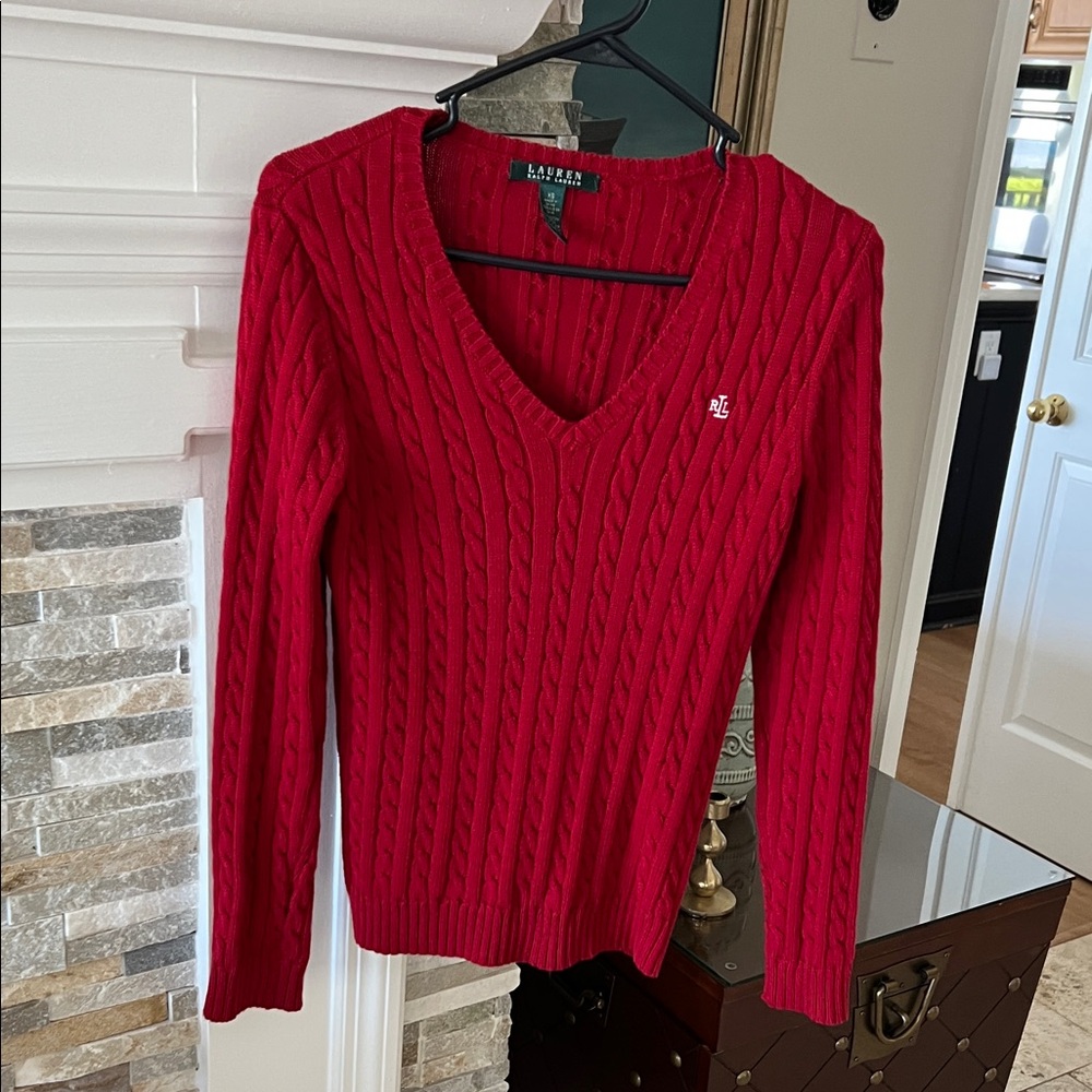 Ralph Lauren V-Neck Deep Red Sweater, White Crest, XS, Very Good Condition